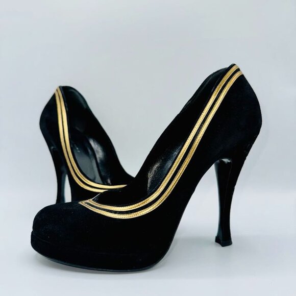 Balenciaga Black Genuine Suede Platform with Bronze Leather Pumps Heels - Picture 1 of 12